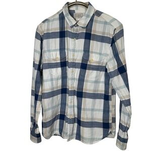 Lucky Brand Plaid Button Down Mens Large Blue White Tan Long Sleeve Cotton Shirt